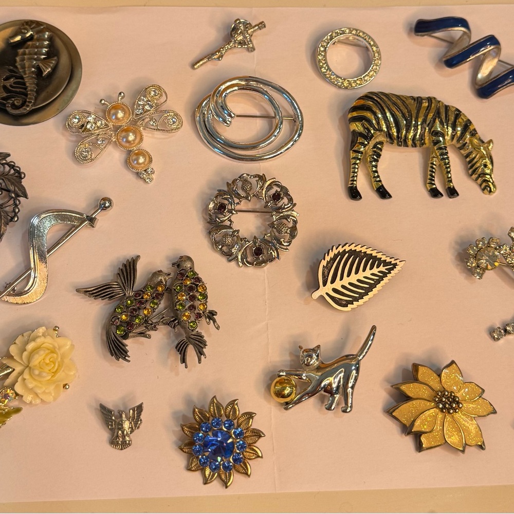 Silver Brooch Set with Animals and Nature Accents